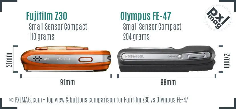 Fujifilm Z30 vs Olympus FE-47 top view buttons comparison