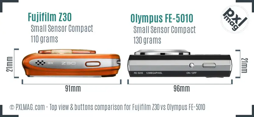 Fujifilm Z30 vs Olympus FE-5010 top view buttons comparison