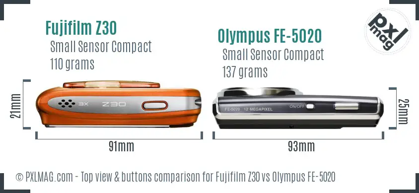Fujifilm Z30 vs Olympus FE-5020 top view buttons comparison