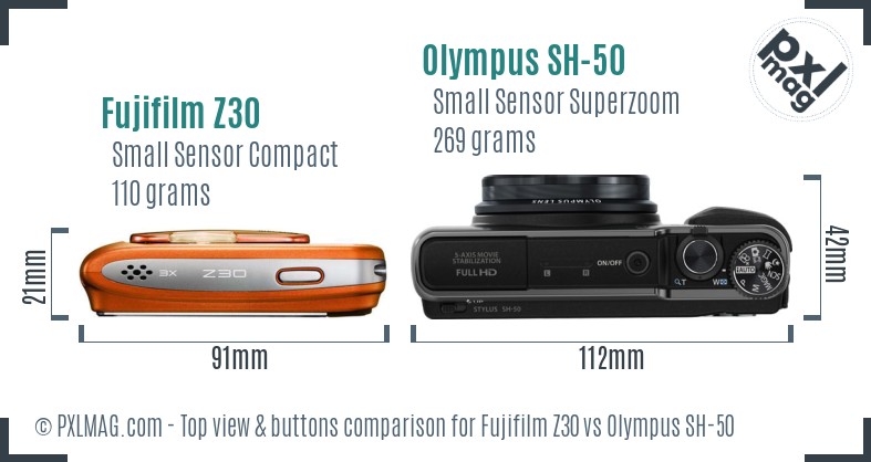 Fujifilm Z30 vs Olympus SH-50 top view buttons comparison