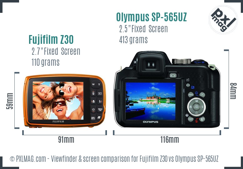 Fujifilm Z30 vs Olympus SP-565UZ Screen and Viewfinder comparison