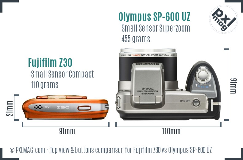 Fujifilm Z30 vs Olympus SP-600 UZ top view buttons comparison