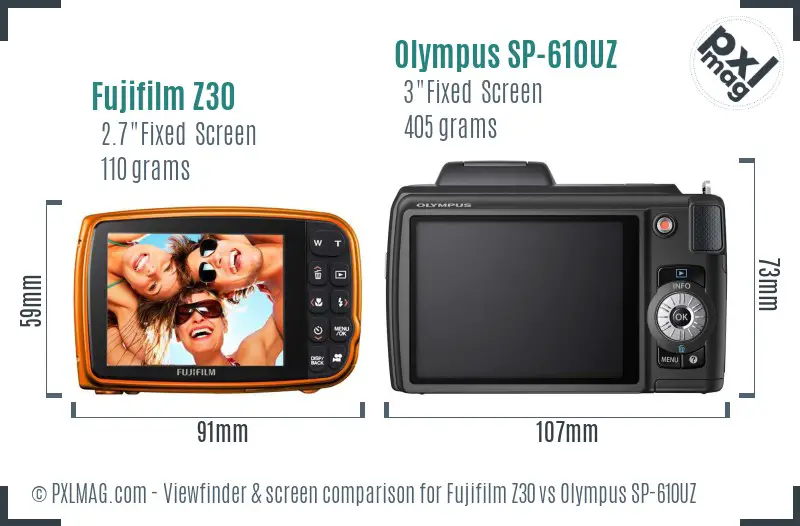 Fujifilm Z30 vs Olympus SP-610UZ Screen and Viewfinder comparison