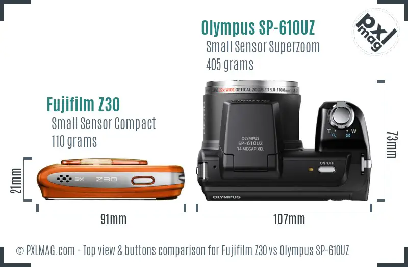 Fujifilm Z30 vs Olympus SP-610UZ top view buttons comparison