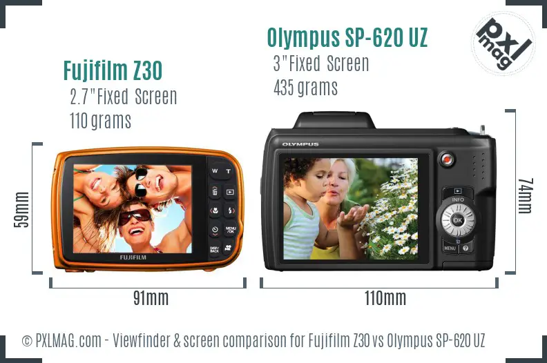 Fujifilm Z30 vs Olympus SP-620 UZ Screen and Viewfinder comparison