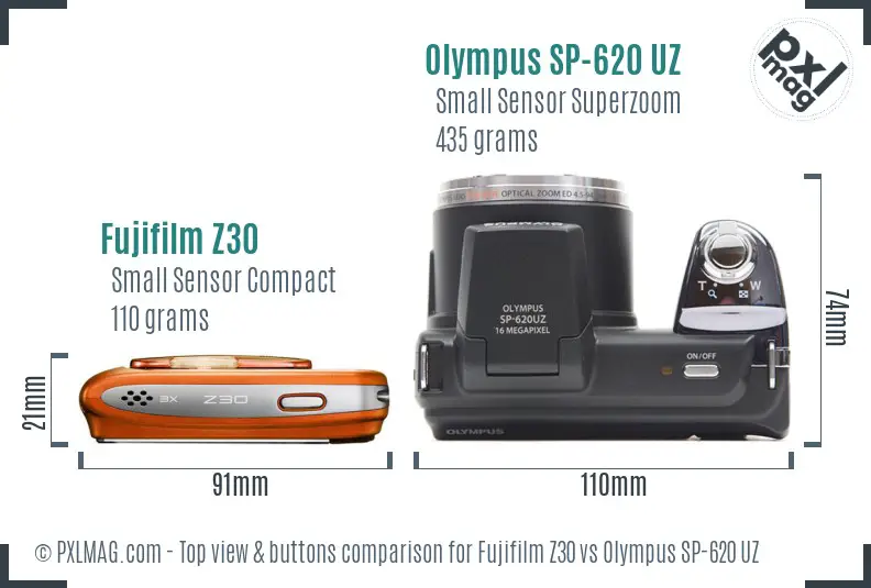 Fujifilm Z30 vs Olympus SP-620 UZ top view buttons comparison