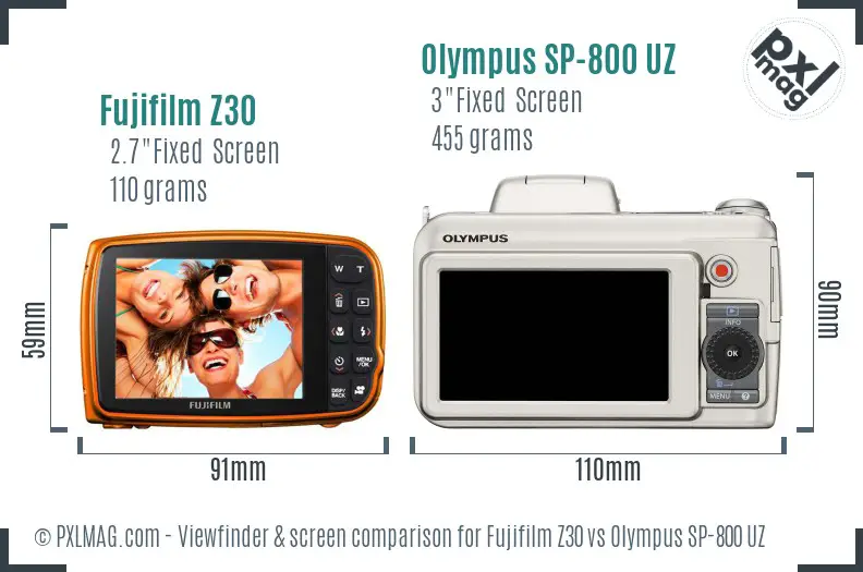 Fujifilm Z30 vs Olympus SP-800 UZ Screen and Viewfinder comparison