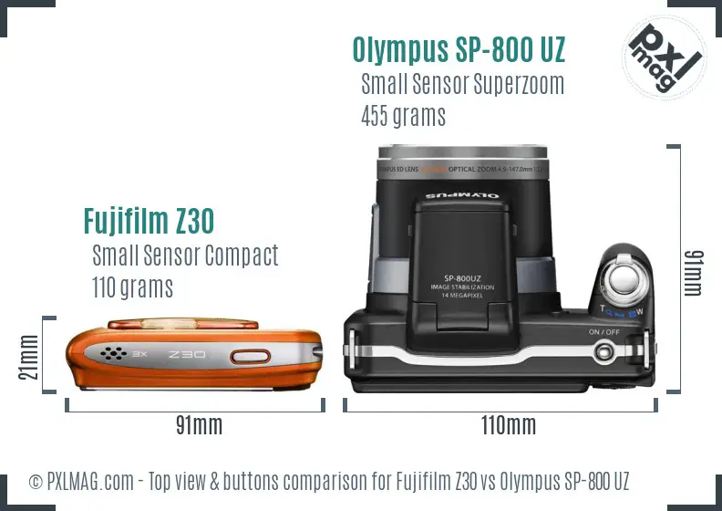 Fujifilm Z30 vs Olympus SP-800 UZ top view buttons comparison