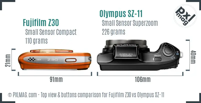 Fujifilm Z30 vs Olympus SZ-11 top view buttons comparison