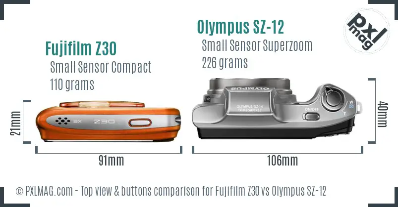 Fujifilm Z30 vs Olympus SZ-12 top view buttons comparison