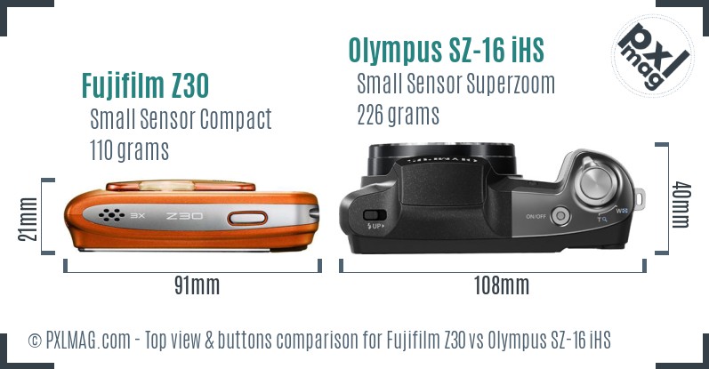 Fujifilm Z30 vs Olympus SZ-16 iHS top view buttons comparison