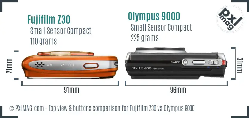 Fujifilm Z30 vs Olympus 9000 top view buttons comparison
