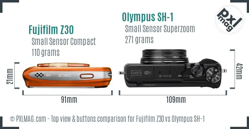 Fujifilm Z30 vs Olympus SH-1 top view buttons comparison