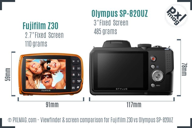 Fujifilm Z30 vs Olympus SP-820UZ Screen and Viewfinder comparison