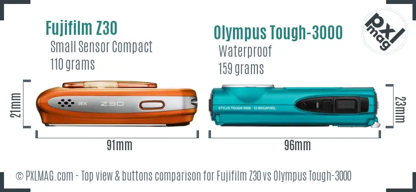 Fujifilm Z30 vs Olympus Tough-3000 top view buttons comparison