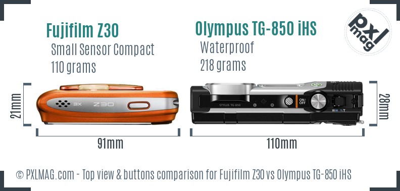 Fujifilm Z30 vs Olympus TG-850 iHS top view buttons comparison