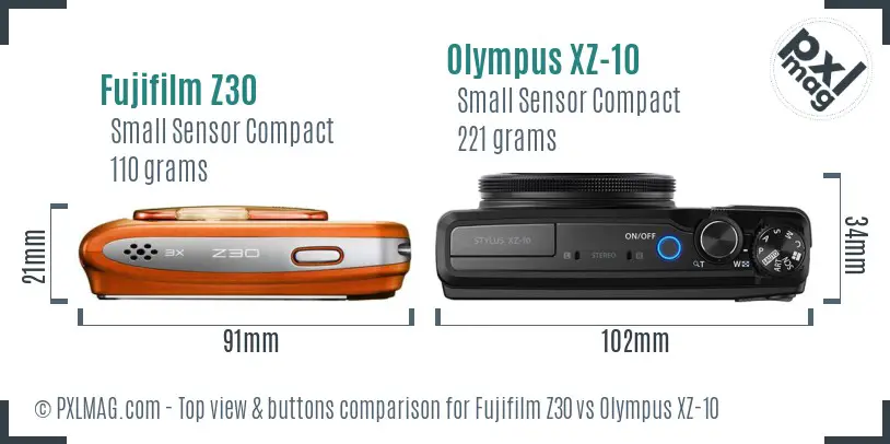 Fujifilm Z30 vs Olympus XZ-10 top view buttons comparison