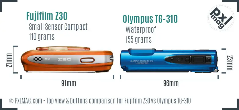 Fujifilm Z30 vs Olympus TG-310 top view buttons comparison