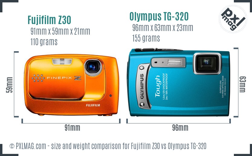 Fujifilm Z30 vs Olympus TG-320 size comparison