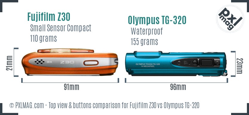 Fujifilm Z30 vs Olympus TG-320 top view buttons comparison
