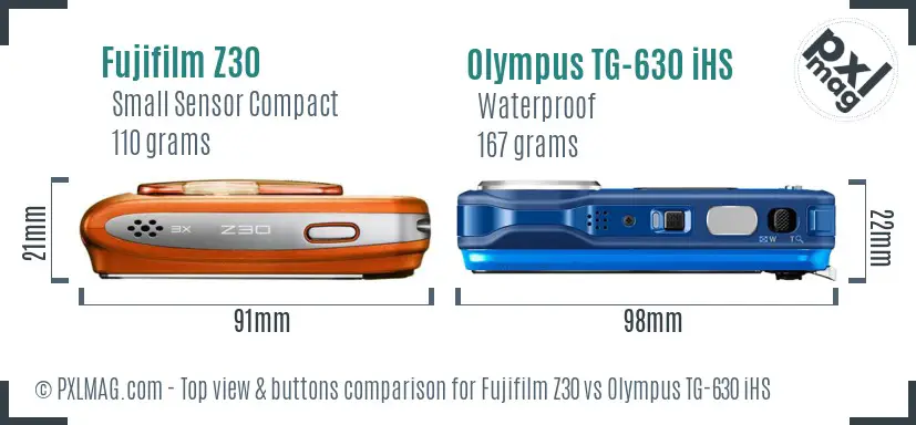 Fujifilm Z30 vs Olympus TG-630 iHS top view buttons comparison