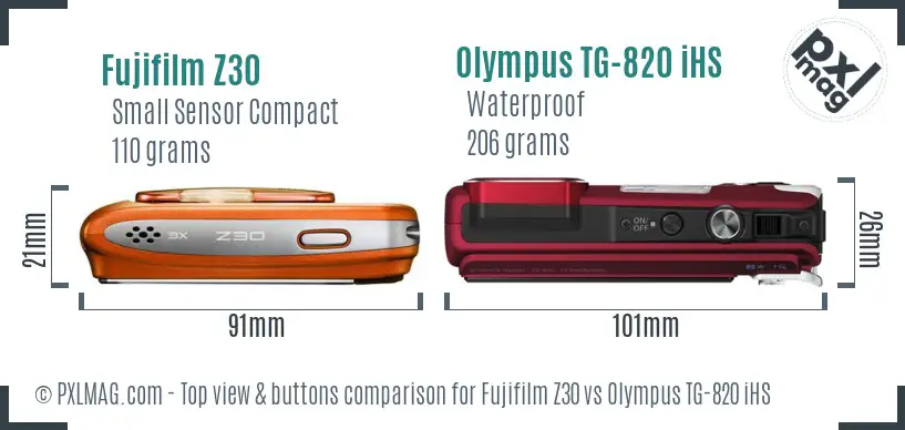 Fujifilm Z30 vs Olympus TG-820 iHS top view buttons comparison