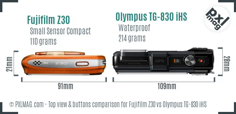 Fujifilm Z30 vs Olympus TG-830 iHS top view buttons comparison