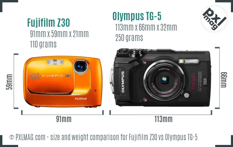 Fujifilm Z30 vs Olympus TG-5 size comparison