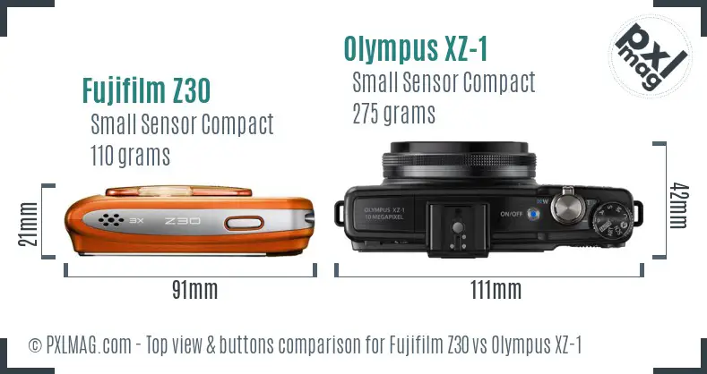 Fujifilm Z30 vs Olympus XZ-1 top view buttons comparison Fujifilm Z30 vs Olympus XZ-1 top view buttons comparison