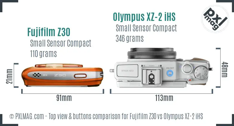 Fujifilm Z30 vs Olympus XZ-2 iHS top view buttons comparison