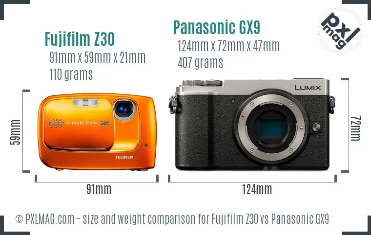 Fujifilm Z30 vs Panasonic GX9 size comparison