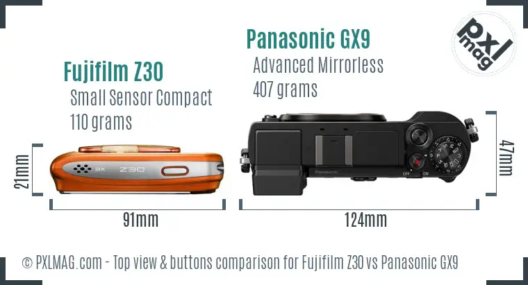 Fujifilm Z30 vs Panasonic GX9 top view buttons comparison