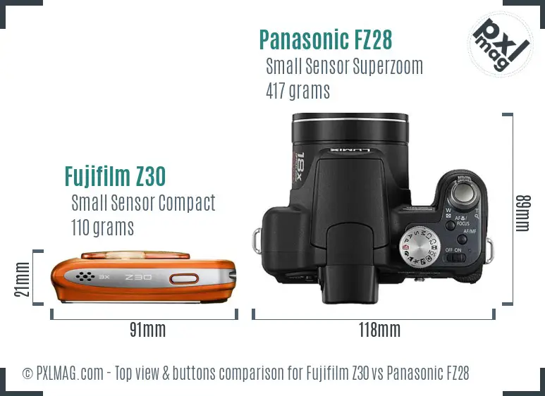 Fujifilm Z30 vs Panasonic FZ28 top view buttons comparison