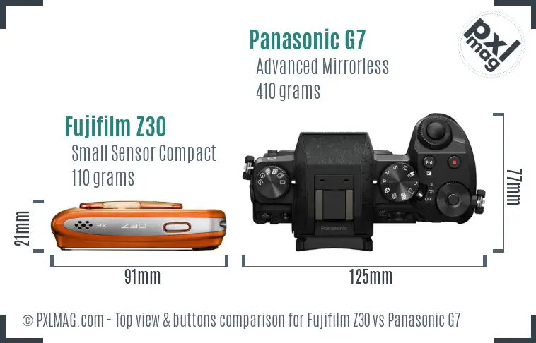 Fujifilm Z30 vs Panasonic G7 top view buttons comparison