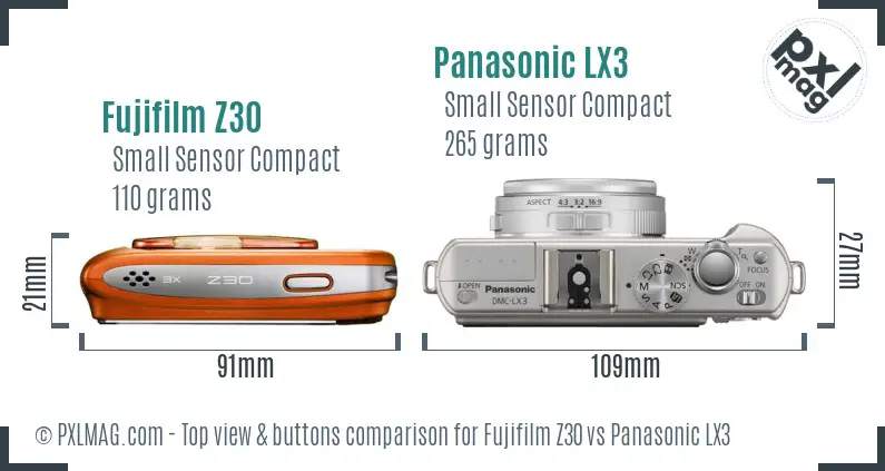 Fujifilm Z30 vs Panasonic LX3 top view buttons comparison