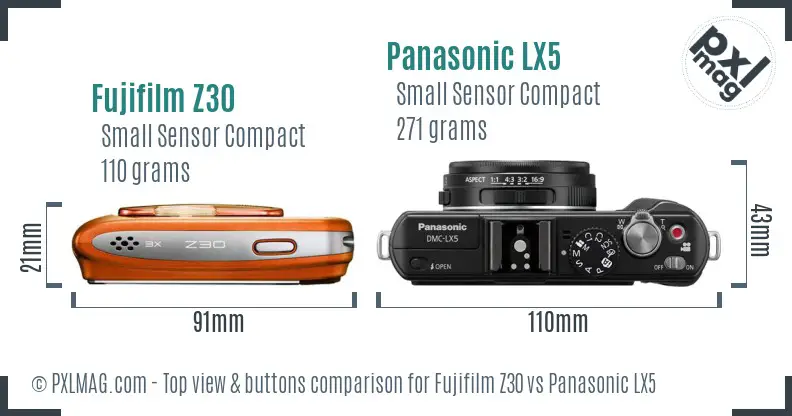 Fujifilm Z30 vs Panasonic LX5 top view buttons comparison