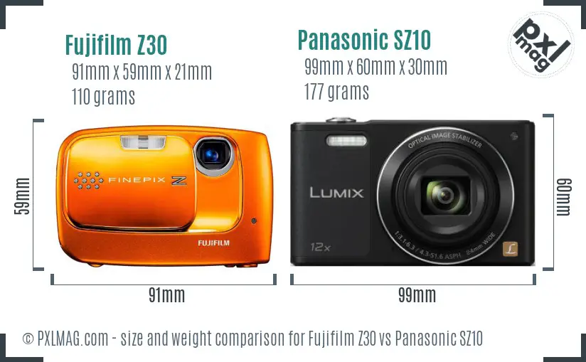 Fujifilm Z30 vs Panasonic SZ10 size comparison