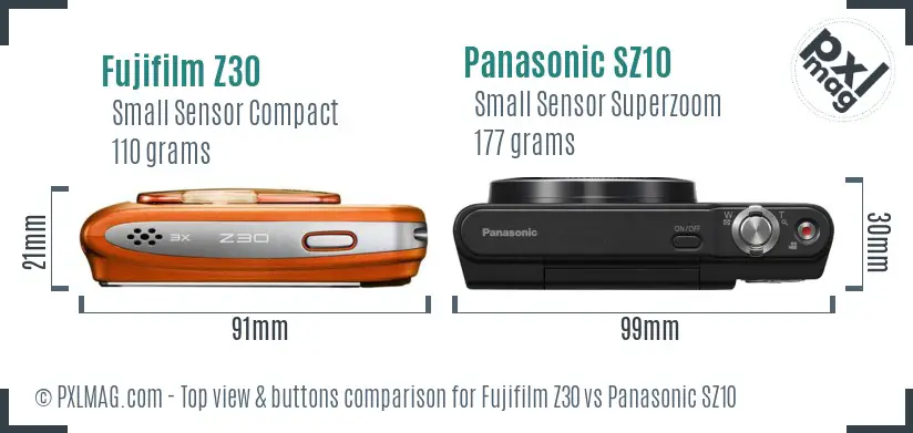 Fujifilm Z30 vs Panasonic SZ10 top view buttons comparison