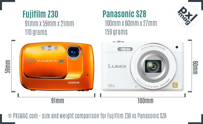 Fujifilm Z30 vs Panasonic SZ8 size comparison