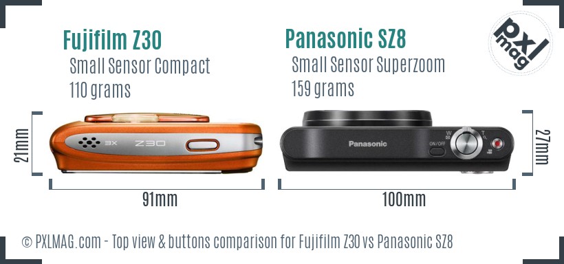 Fujifilm Z30 vs Panasonic SZ8 top view buttons comparison