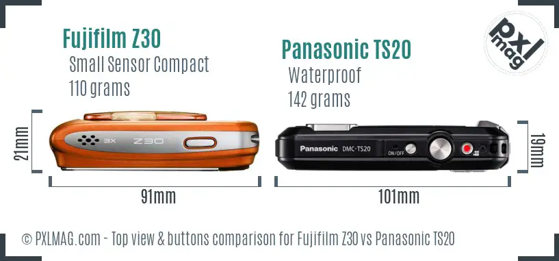 Fujifilm Z30 vs Panasonic TS20 top view buttons comparison Fujifilm Z30 vs Panasonic TS20 top view buttons comparison