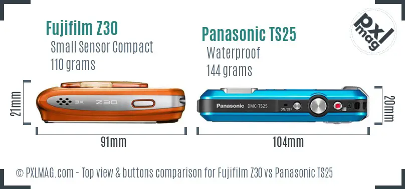 Fujifilm Z30 vs Panasonic TS25 top view buttons comparison