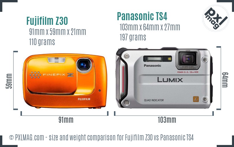 Fujifilm Z30 vs Panasonic TS4 size comparison