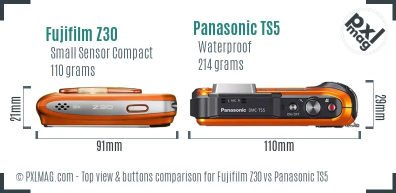 Fujifilm Z30 vs Panasonic TS5 top view buttons comparison