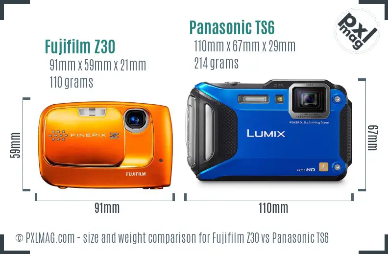 Fujifilm Z30 vs Panasonic TS6 size comparison