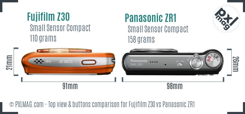 Fujifilm Z30 vs Panasonic ZR1 top view buttons comparison