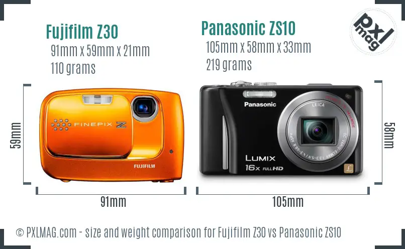 Fujifilm Z30 vs Panasonic ZS10 size comparison