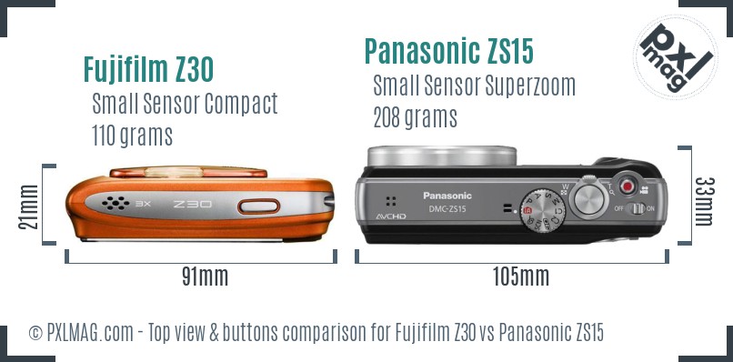 Fujifilm Z30 vs Panasonic ZS15 top view buttons comparison