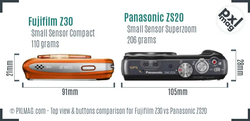 Fujifilm Z30 vs Panasonic ZS20 top view buttons comparison
