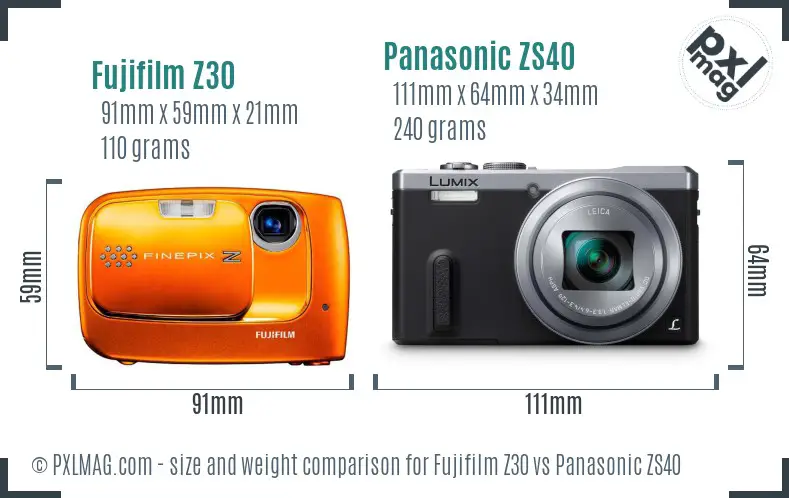 Fujifilm Z30 vs Panasonic ZS40 size comparison